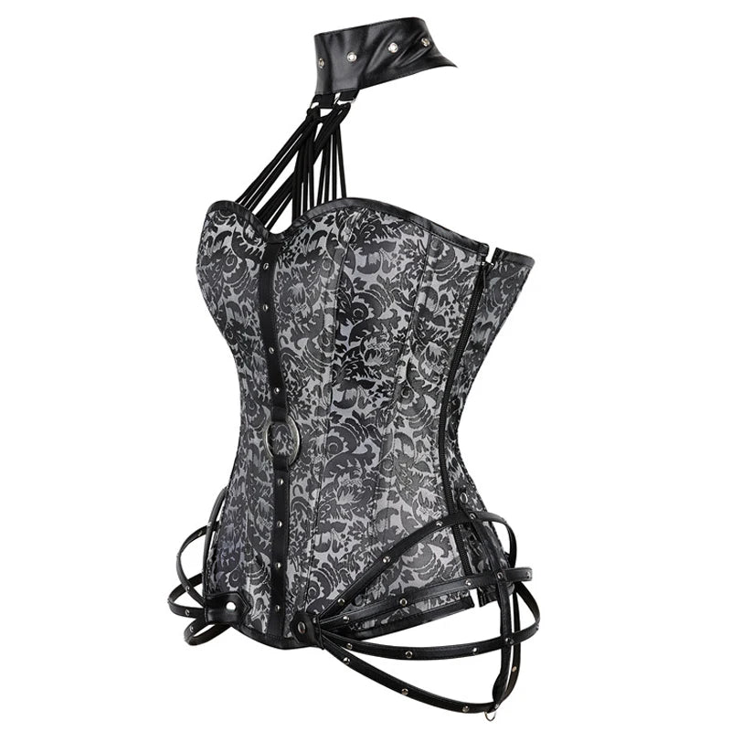 Steel Boned Corset, Gothic Steampunk, Faux Leather Details, Bustier Shapewear Waist