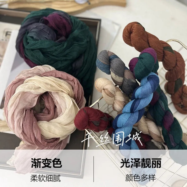 New Scarf Cotton Hemp Gradient Blue Autumn/Winter Retro Versatile Printed Women's Long Fold Shawl Elegant and Fashionable
