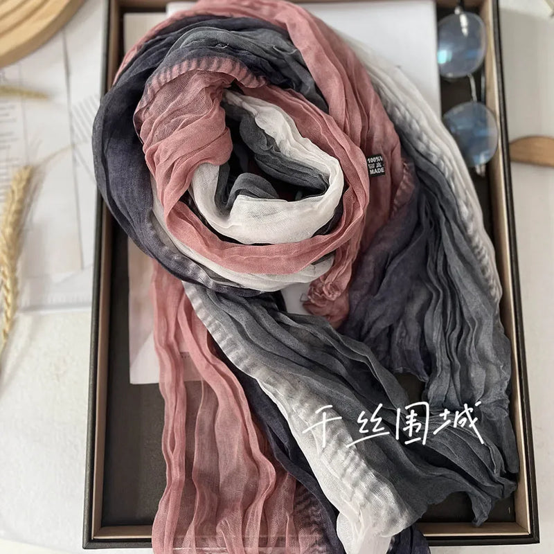 New Scarf Cotton Hemp Gradient Blue Autumn/Winter Retro Versatile Printed Women's Long Fold Shawl Elegant and Fashionable