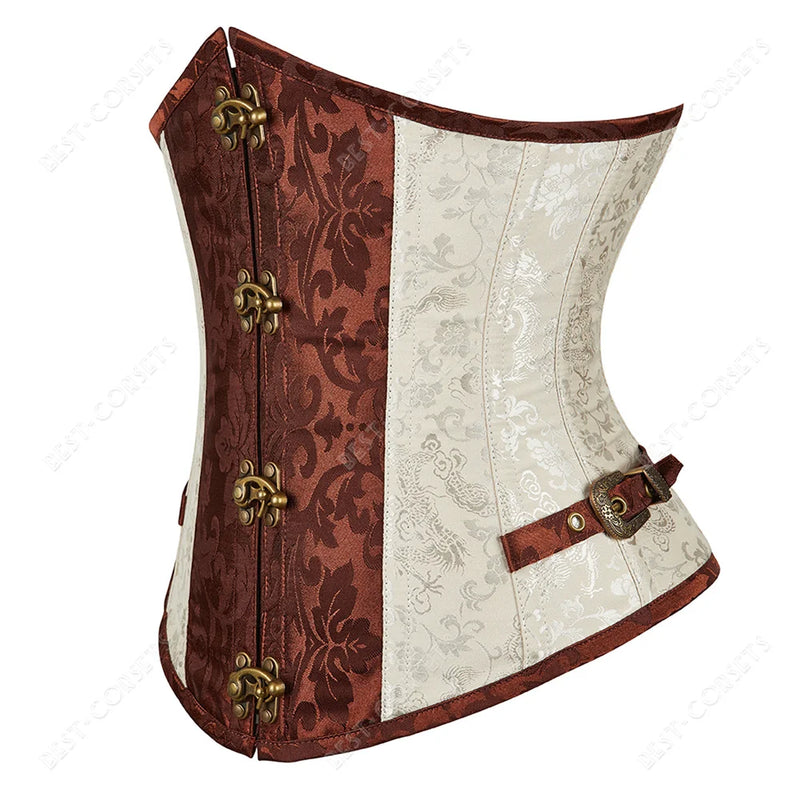 Brown Corset Women Steampunk Faux Leather Underbust Corset Steel Boned Bustier Gothic Chain Couture Corset Underbust