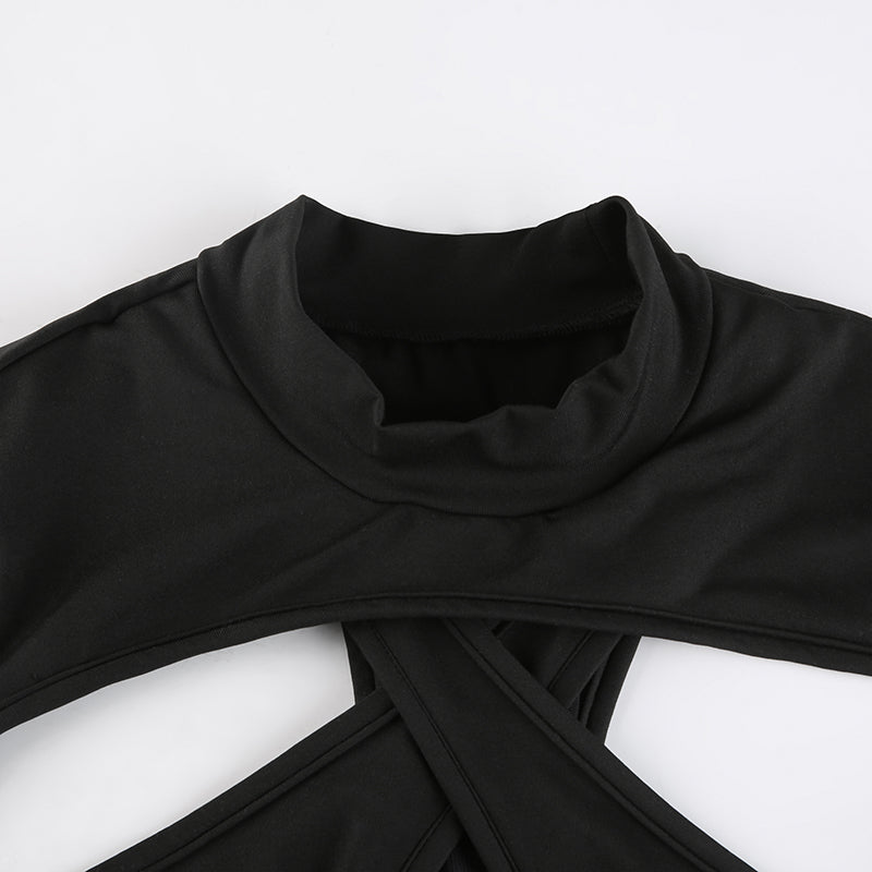 Combhasaki Women's Y2K Goth Backless Hollowed Jumpsuit Slim Long Sleeve High Neck Sheer Mesh Irregular Cutout Bodysuit Partywear