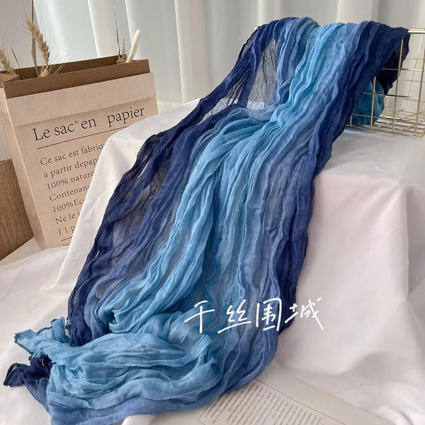 New Scarf Cotton Hemp Gradient Blue Autumn/Winter Retro Versatile Printed Women's Long Fold Shawl Elegant and Fashionable