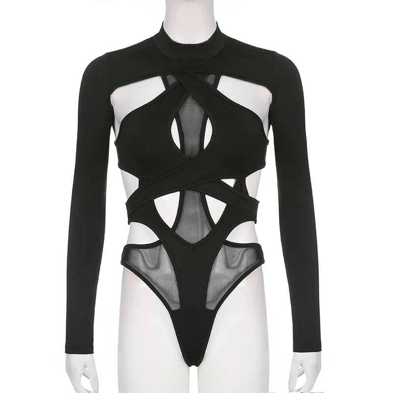 Combhasaki Women's Y2K Goth Backless Hollowed Jumpsuit Slim Long Sleeve High Neck Sheer Mesh Irregular Cutout Bodysuit Partywear