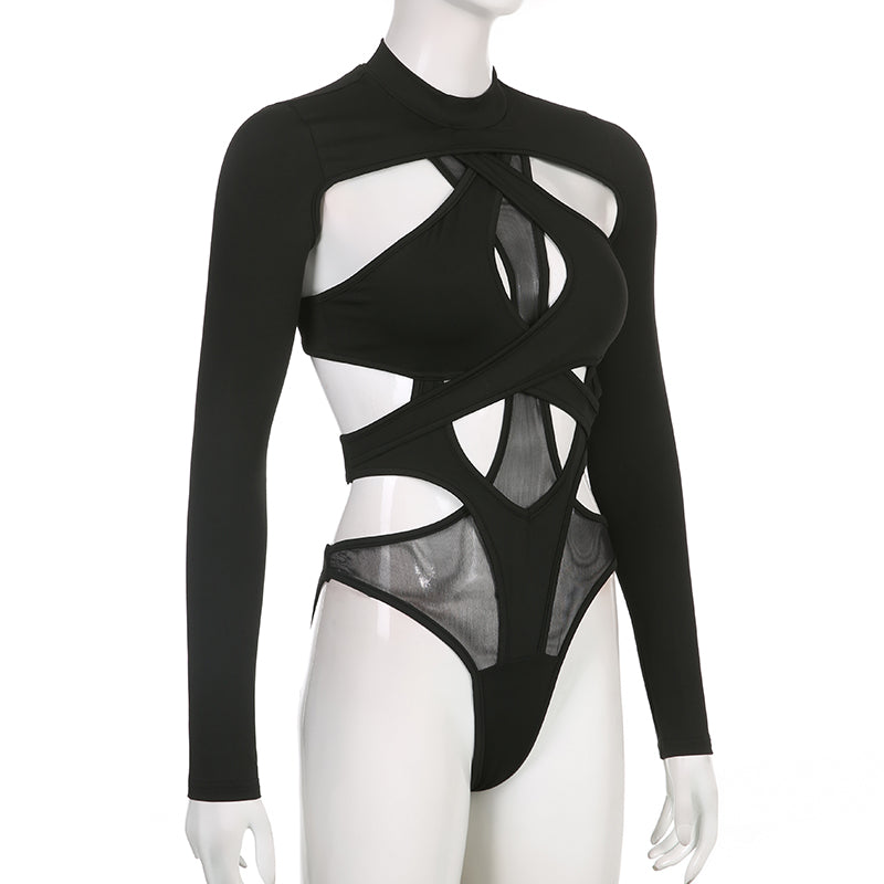 Combhasaki Women's Y2K Goth Backless Hollowed Jumpsuit Slim Long Sleeve High Neck Sheer Mesh Irregular Cutout Bodysuit Partywear