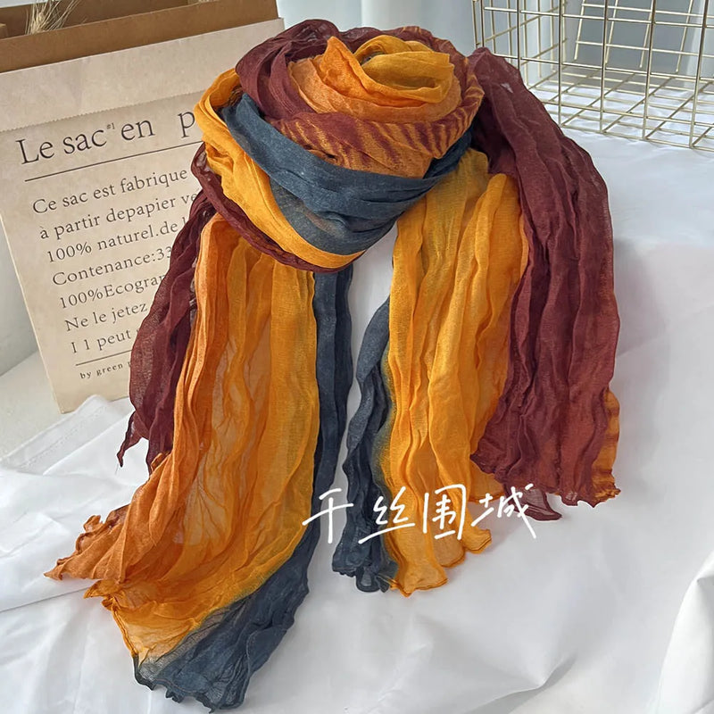 New Scarf Cotton Hemp Gradient Blue Autumn/Winter Retro Versatile Printed Women's Long Fold Shawl Elegant and Fashionable