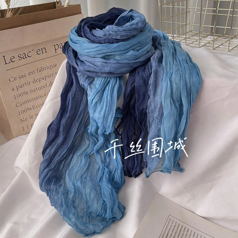 New Scarf Cotton Hemp Gradient Blue Autumn/Winter Retro Versatile Printed Women's Long Fold Shawl Elegant and Fashionable