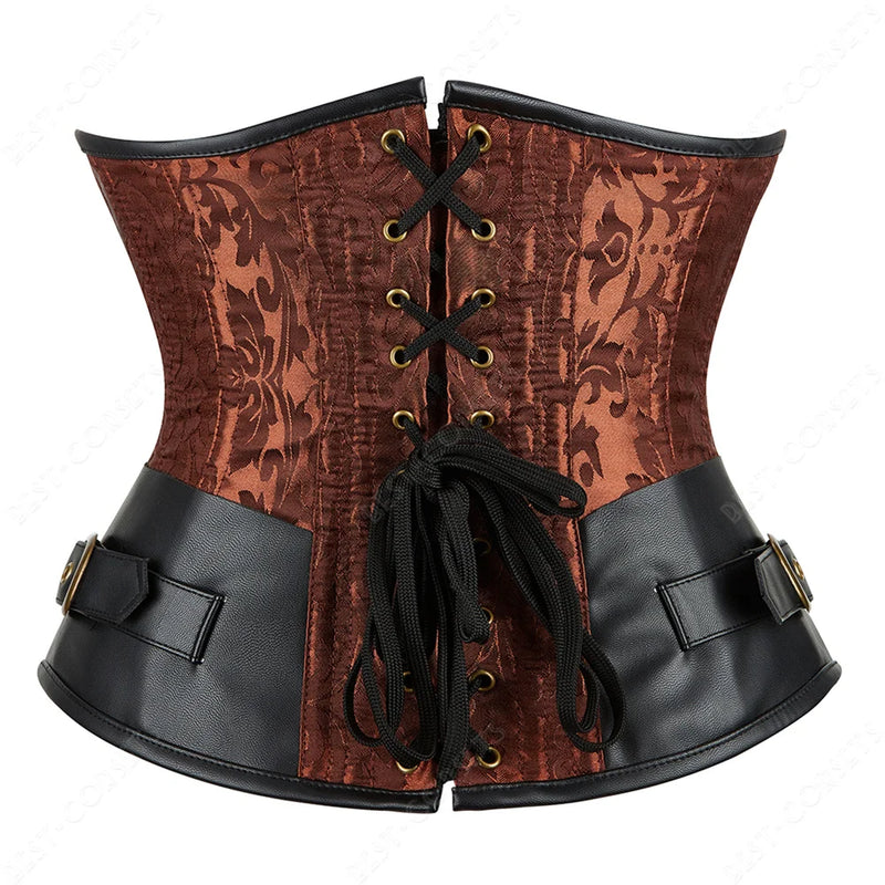 Brown Corset Women Steampunk Faux Leather Underbust Corset Steel Boned Bustier Gothic Chain Couture Corset Underbust