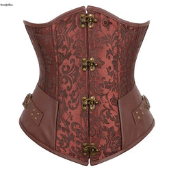 4 Claps Buckles 12 Spiral Steel Boned Korset Women's Jacquard Lace Up Leather Corselet Black Brown Steampunk Underbust Corset