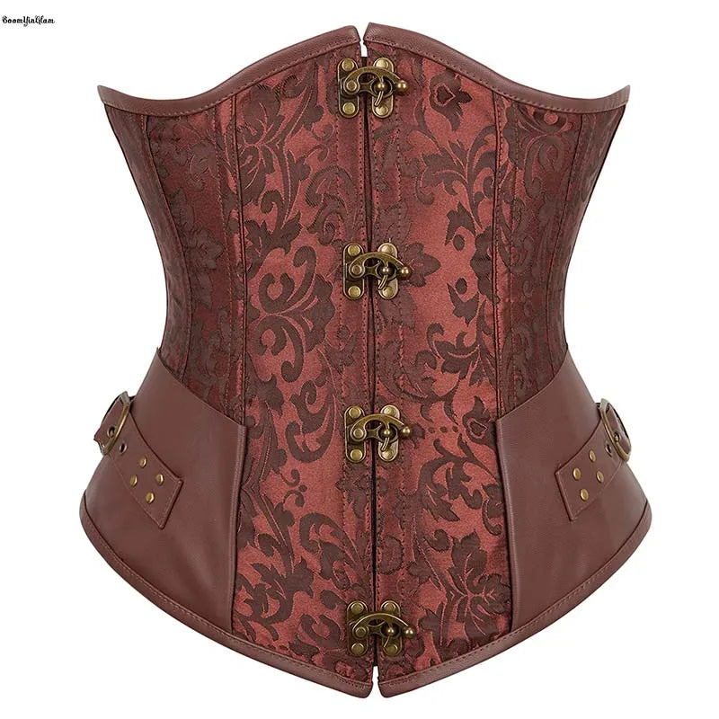 4 Claps Buckles 12 Spiral Steel Boned Korset Women's Jacquard Lace Up Leather Corselet Black Brown Steampunk Underbust Corset