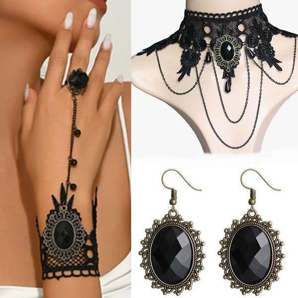 4pcs/set Gothic Dark Style Black Color Teardrop Pendant Lace Bracelet Ring Set Women's Personalized Holiday Punk Jewelry Gift