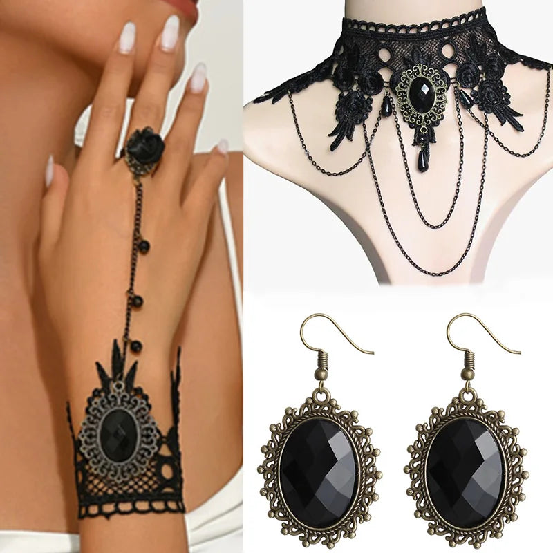 4pcs/set Gothic Dark Style Black Color Teardrop Pendant Lace Bracelet Ring Set Women's Personalized Holiday Punk Jewelry Gift
