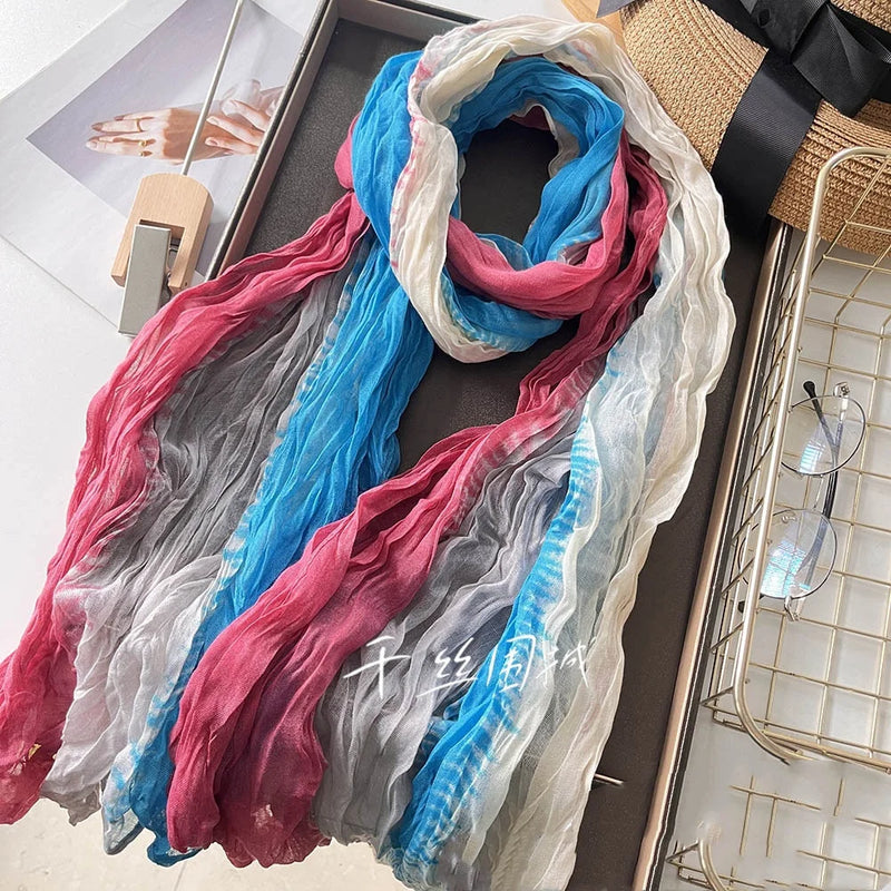 New Scarf Cotton Hemp Gradient Blue Autumn/Winter Retro Versatile Printed Women's Long Fold Shawl Elegant and Fashionable