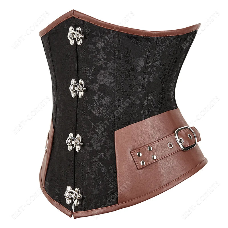 Brown Corset Women Steampunk Faux Leather Underbust Corset Steel Boned Bustier Gothic Chain Couture Corset Underbust