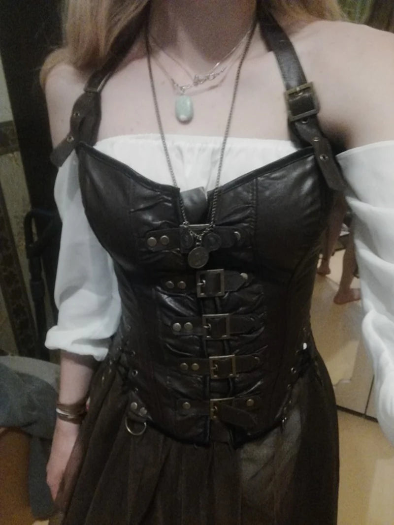 Steampunk Steel Boned Corset Top for Women Victorian Overbust Leather Waist Trainer, Gothic Lace-Up Bustier Cosplay Body Shaper