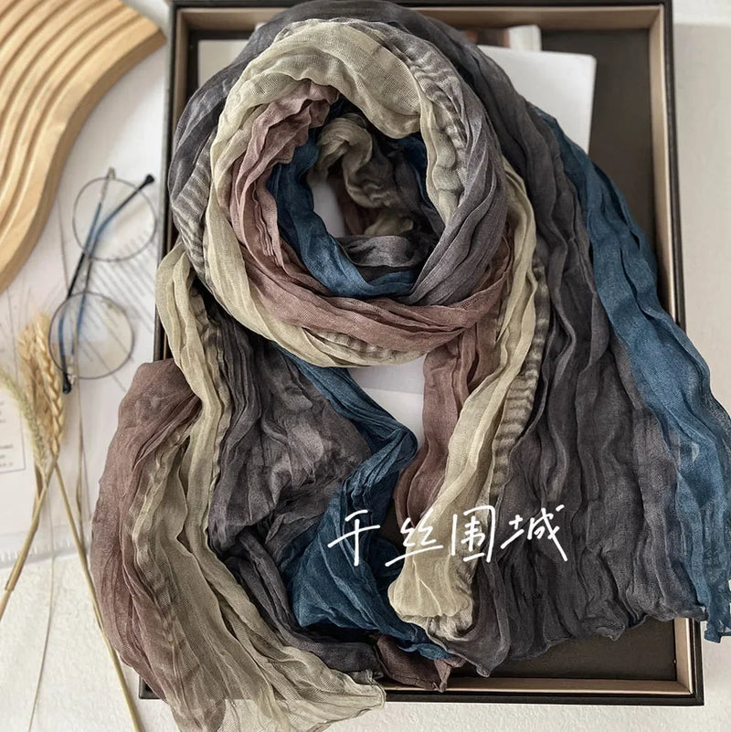 New Scarf Cotton Hemp Gradient Blue Autumn/Winter Retro Versatile Printed Women's Long Fold Shawl Elegant and Fashionable