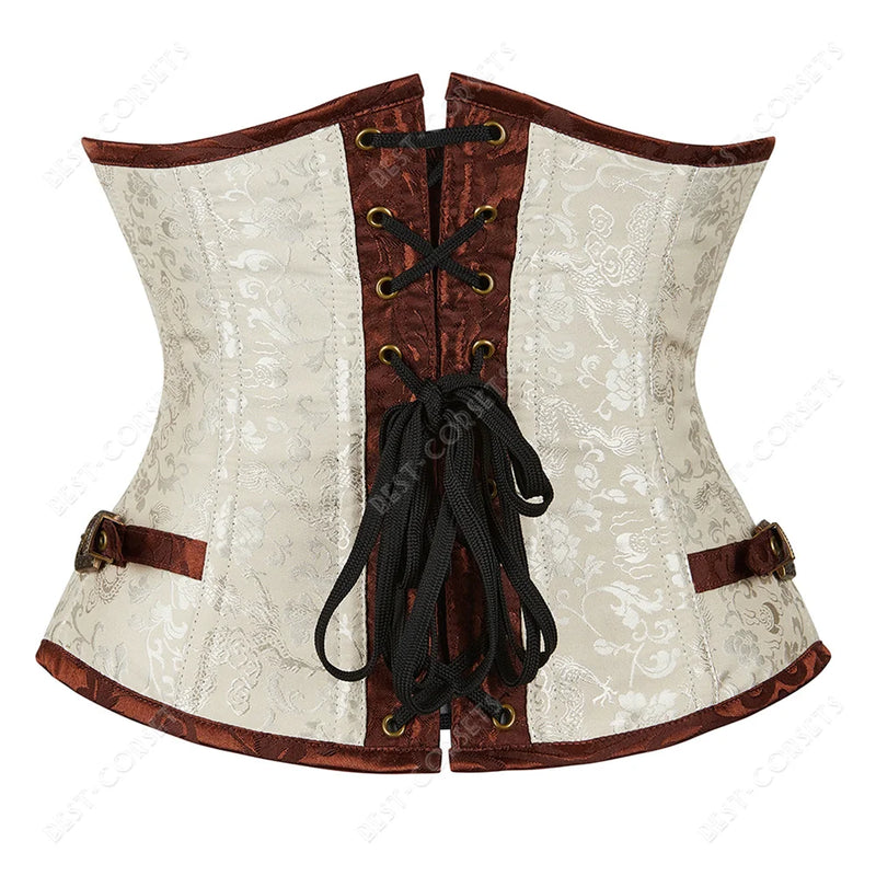 Brown Corset Women Steampunk Faux Leather Underbust Corset Steel Boned Bustier Gothic Chain Couture Corset Underbust