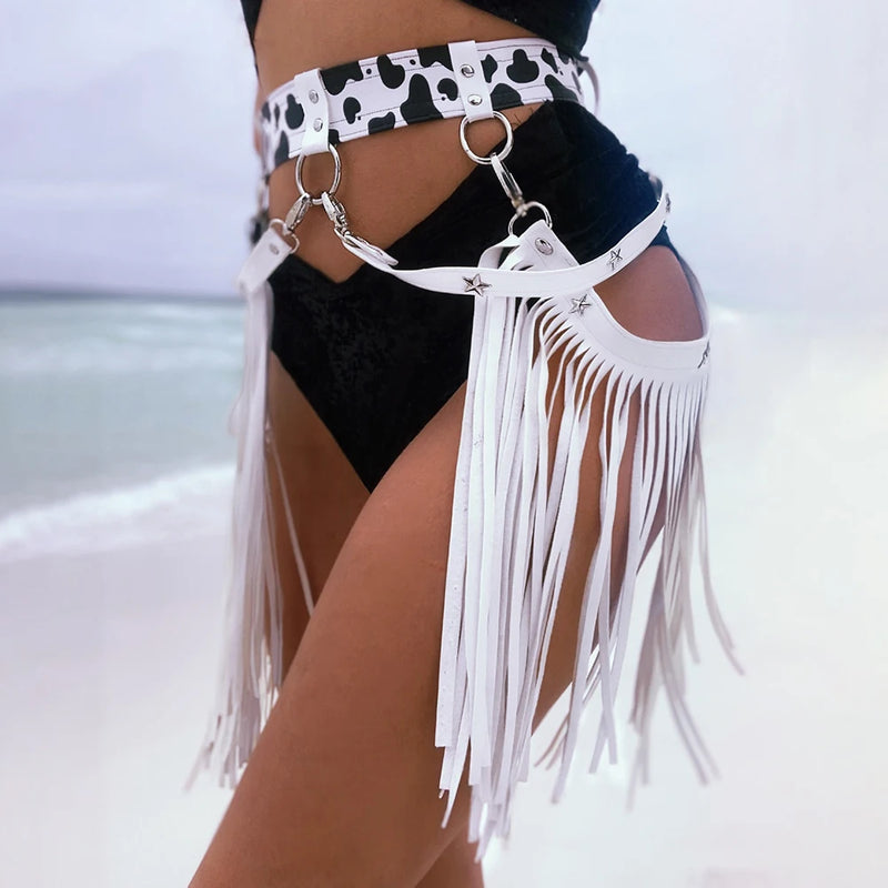 Women Sexy Leather Harness Waist Belt Denim printed white Tassels Short Leather Skirt Punk Goth Cowboy Girl Wild Holiday Attire