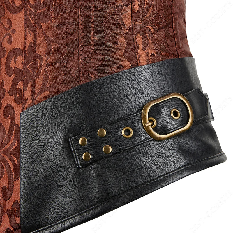 Brown Corset Women Steampunk Faux Leather Underbust Corset Steel Boned Bustier Gothic Chain Couture Corset Underbust
