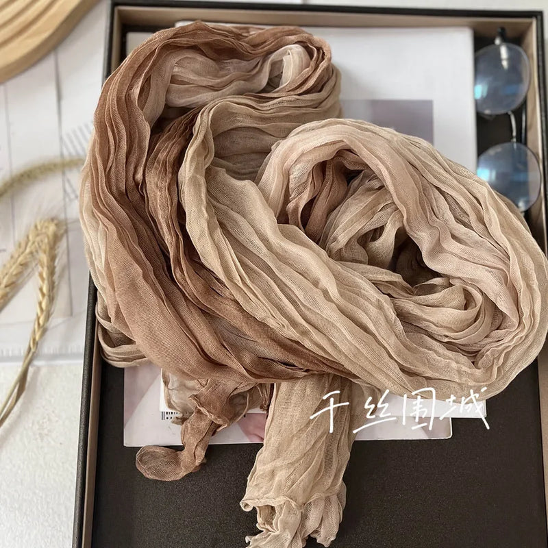 New Scarf Cotton Hemp Gradient Blue Autumn/Winter Retro Versatile Printed Women's Long Fold Shawl Elegant and Fashionable