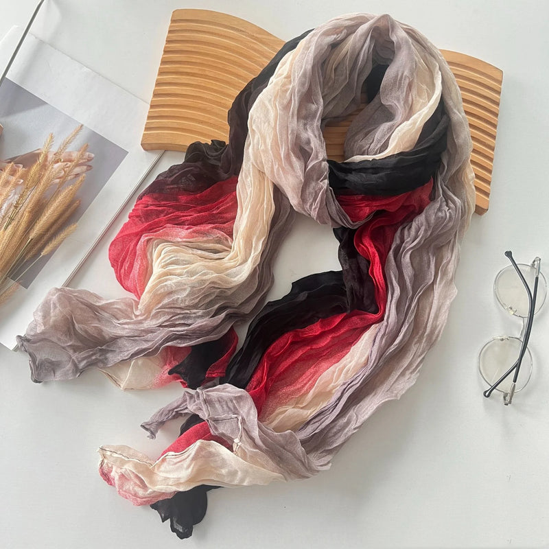 New Scarf Cotton Hemp Gradient Blue Autumn/Winter Retro Versatile Printed Women's Long Fold Shawl Elegant and Fashionable