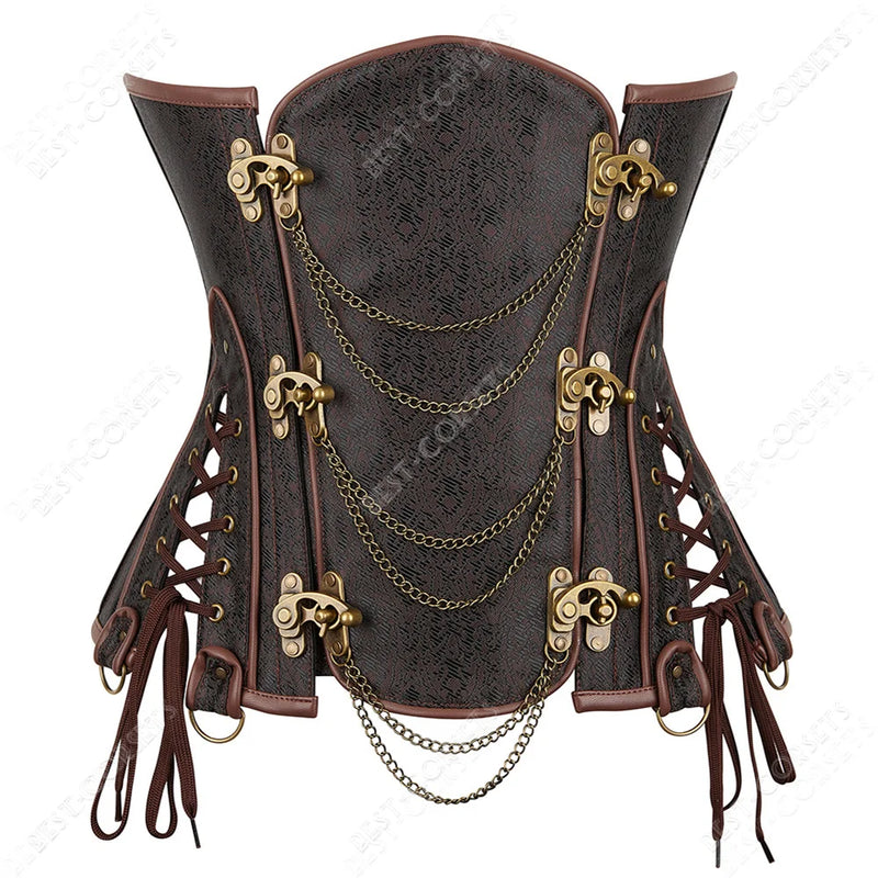 Brown Corset Women Steampunk Faux Leather Underbust Corset Steel Boned Bustier Gothic Chain Couture Corset Underbust