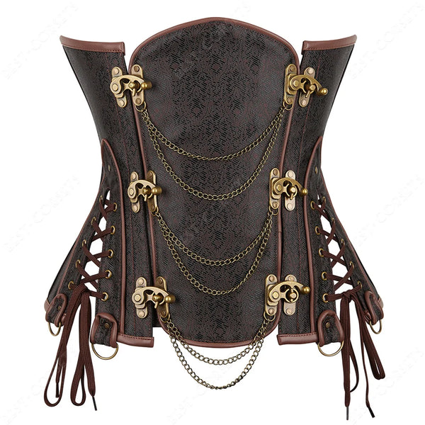Brown Corset Women Steampunk Faux Leather Underbust Corset Steel Boned Bustier Gothic Chain Couture Corset Underbust