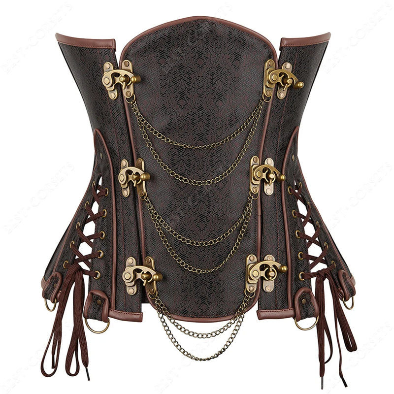 Brown Corset Women Steampunk Faux Leather Underbust Corset Steel Boned Bustier Gothic Chain Couture Corset Underbust
