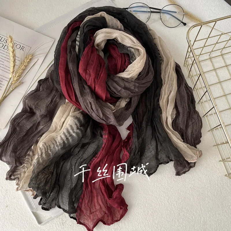 New Scarf Cotton Hemp Gradient Blue Autumn/Winter Retro Versatile Printed Women's Long Fold Shawl Elegant and Fashionable