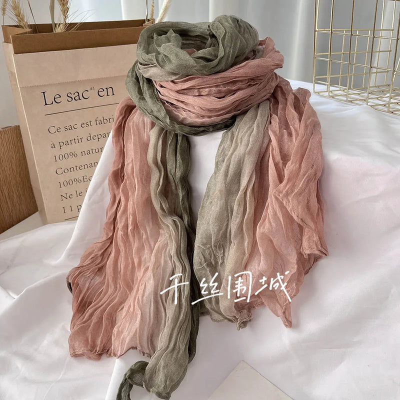 New Scarf Cotton Hemp Gradient Blue Autumn/Winter Retro Versatile Printed Women's Long Fold Shawl Elegant and Fashionable