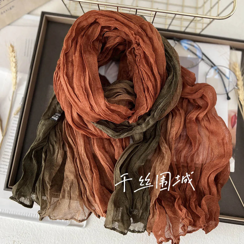 New Scarf Cotton Hemp Gradient Blue Autumn/Winter Retro Versatile Printed Women's Long Fold Shawl Elegant and Fashionable