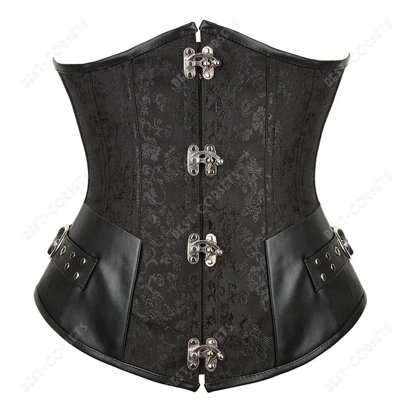 Brown Corset Women Steampunk Faux Leather Underbust Corset Steel Boned Bustier Gothic Chain Couture Corset Underbust
