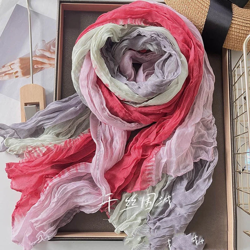 New Scarf Cotton Hemp Gradient Blue Autumn/Winter Retro Versatile Printed Women's Long Fold Shawl Elegant and Fashionable
