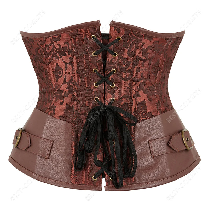 Brown Corset Women Steampunk Faux Leather Underbust Corset Steel Boned Bustier Gothic Chain Couture Corset Underbust
