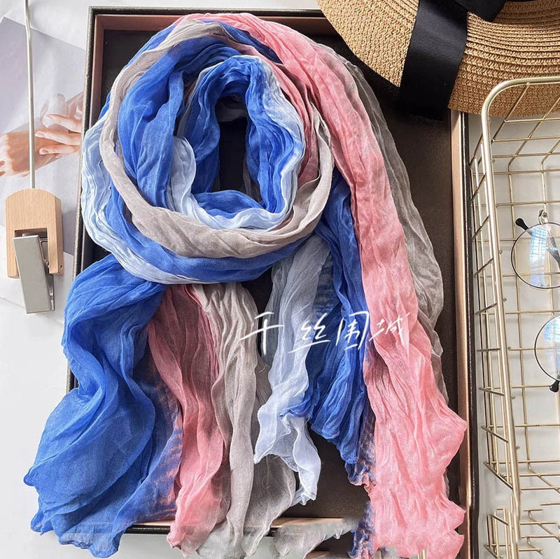 New Scarf Cotton Hemp Gradient Blue Autumn/Winter Retro Versatile Printed Women's Long Fold Shawl Elegant and Fashionable