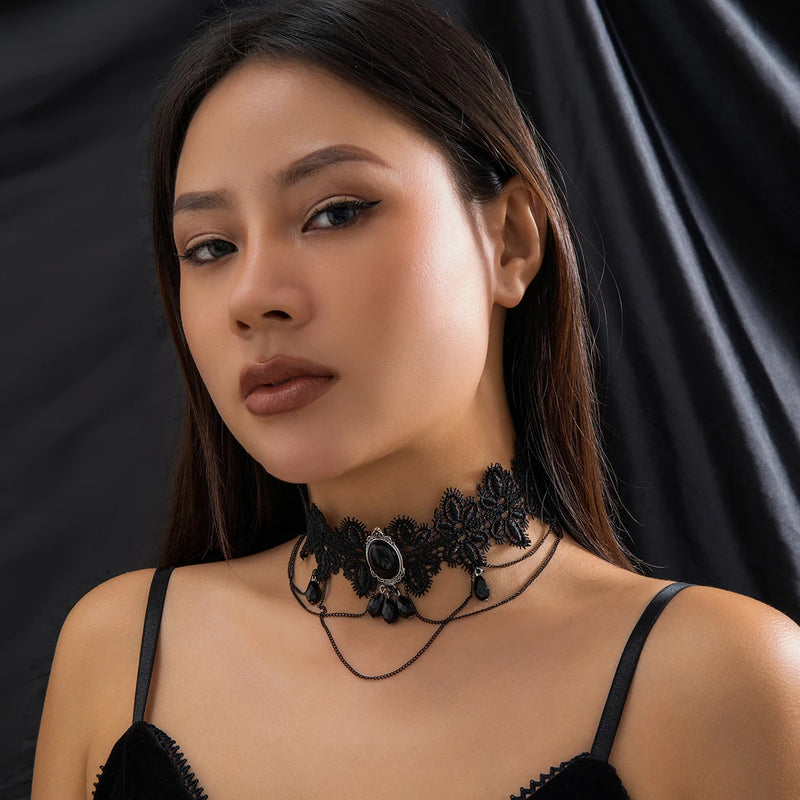 Lacteo Gothic Black Lace Rope Chain Necklace Crystal Beads Geometric Charm Chokers Collar Girls Women Party Y2K Jewelry New