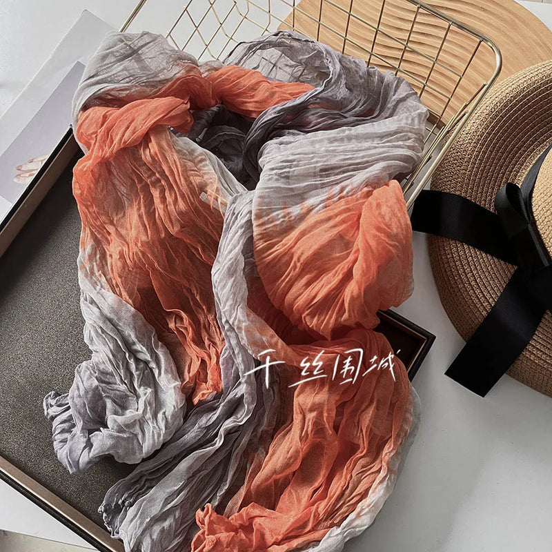 New Scarf Cotton Hemp Gradient Blue Autumn/Winter Retro Versatile Printed Women's Long Fold Shawl Elegant and Fashionable