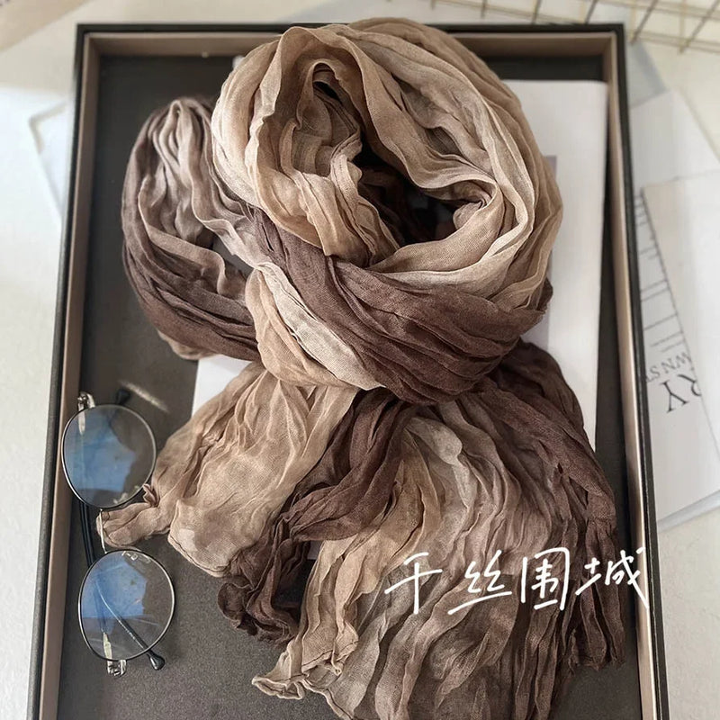New Scarf Cotton Hemp Gradient Blue Autumn/Winter Retro Versatile Printed Women's Long Fold Shawl Elegant and Fashionable