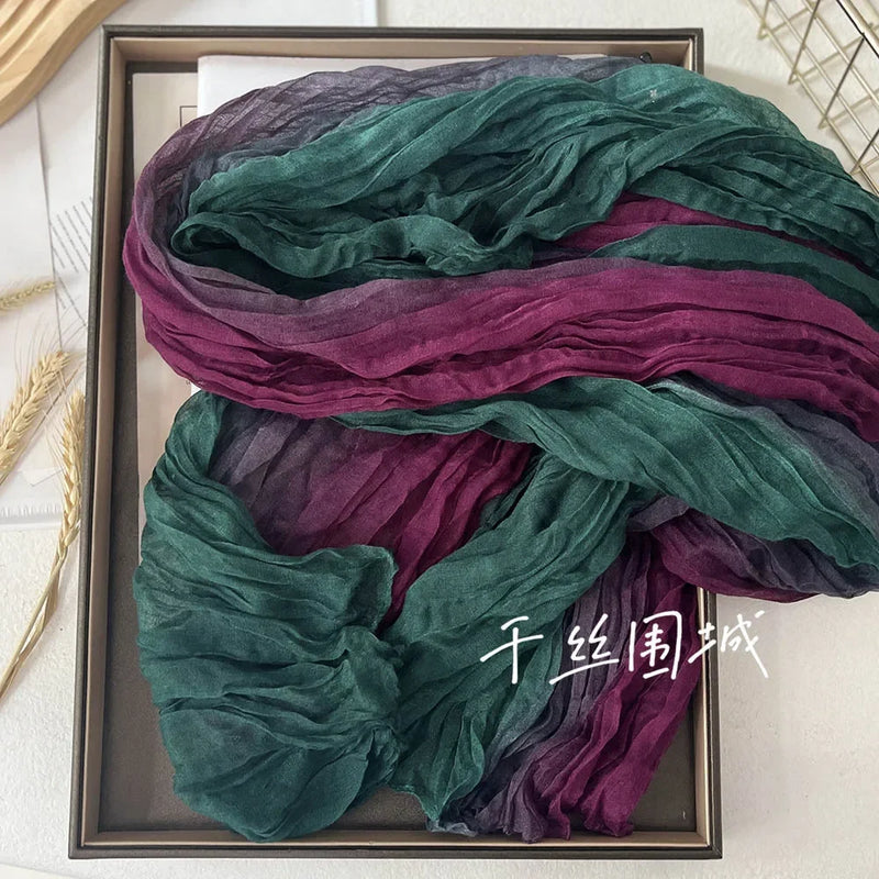 New Scarf Cotton Hemp Gradient Blue Autumn/Winter Retro Versatile Printed Women's Long Fold Shawl Elegant and Fashionable