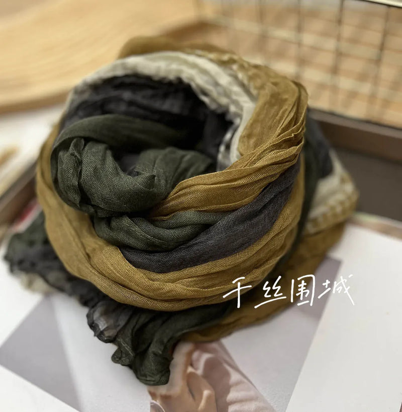 New Scarf Cotton Hemp Gradient Blue Autumn/Winter Retro Versatile Printed Women's Long Fold Shawl Elegant and Fashionable