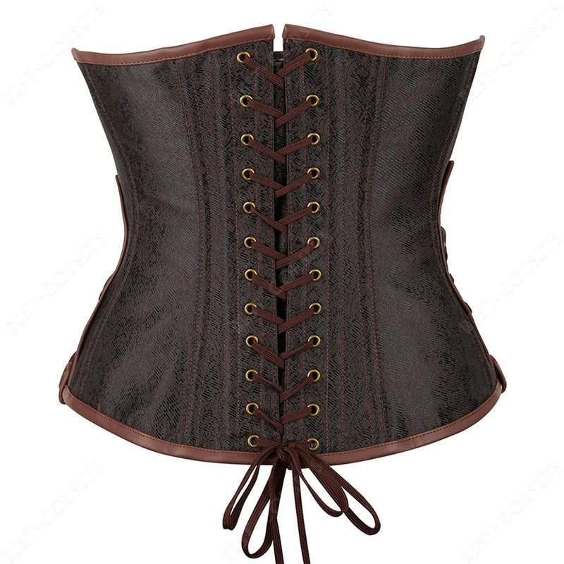 Brown Corset Women Steampunk Faux Leather Underbust Corset Steel Boned Bustier Gothic Chain Couture Corset Underbust