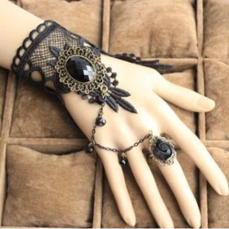 4pcs/set Gothic Dark Style Black Color Teardrop Pendant Lace Bracelet Ring Set Women's Personalized Holiday Punk Jewelry Gift