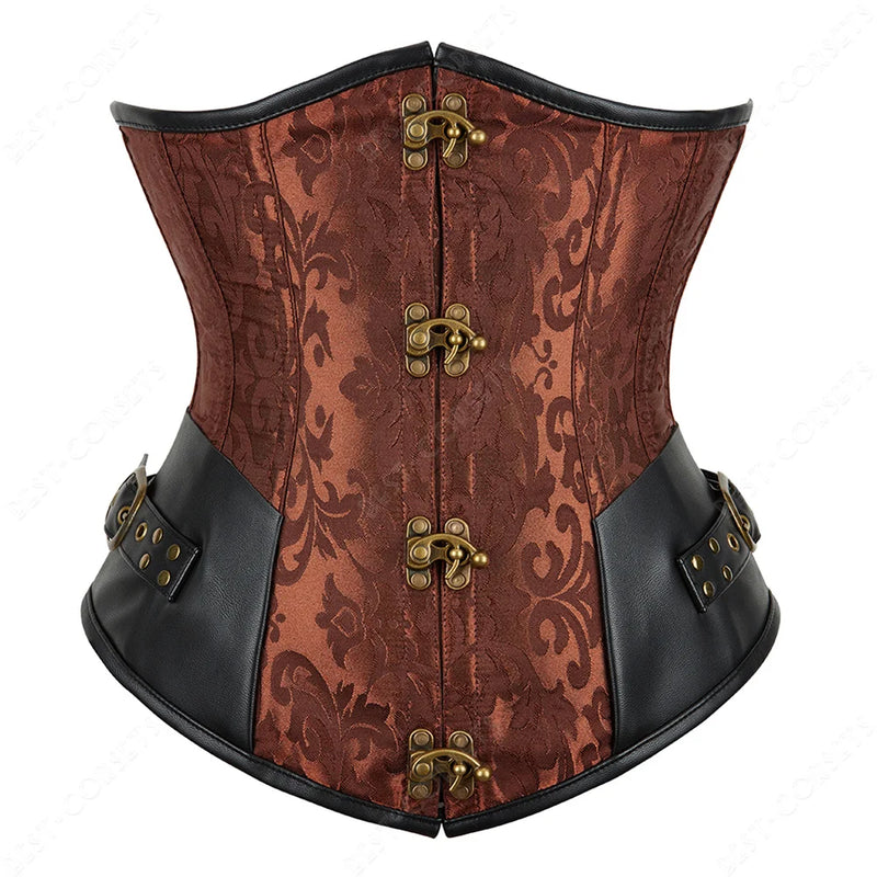 Brown Corset Women Steampunk Faux Leather Underbust Corset Steel Boned Bustier Gothic Chain Couture Corset Underbust
